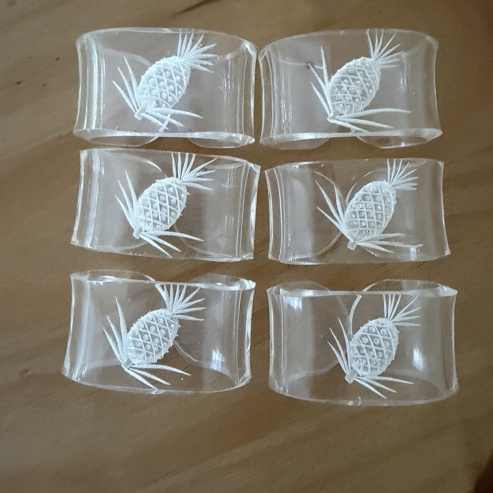 Lucite Acrylic Clear 6 Napkin Rings Holder Set LOT Pineapple Tropical Fruit Boho